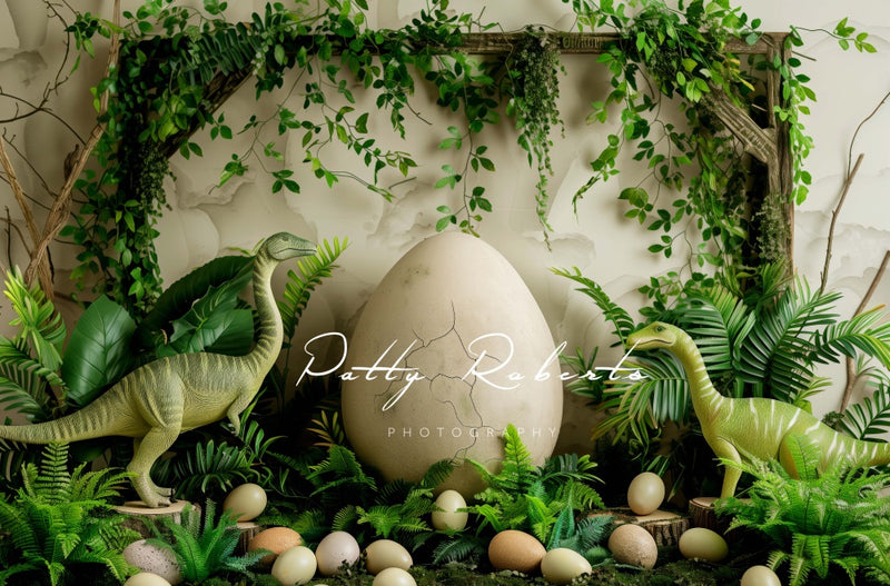 Kate vintage green plant dinosaur hatching eggs brown wooden frame whi