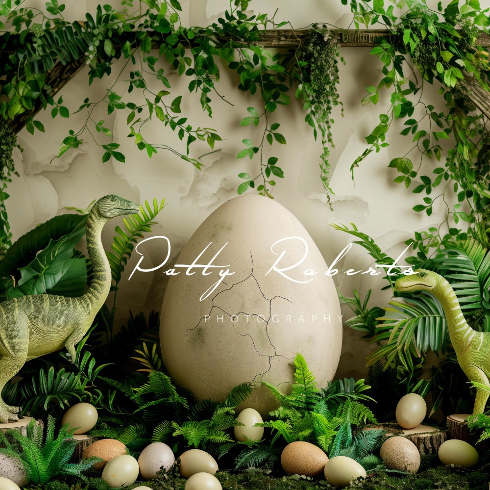 Kate Vintage Green Plant Dinosaur Hatching Eggs Brown Wooden Frame White Wall Backdrop Designed by Patty Robert