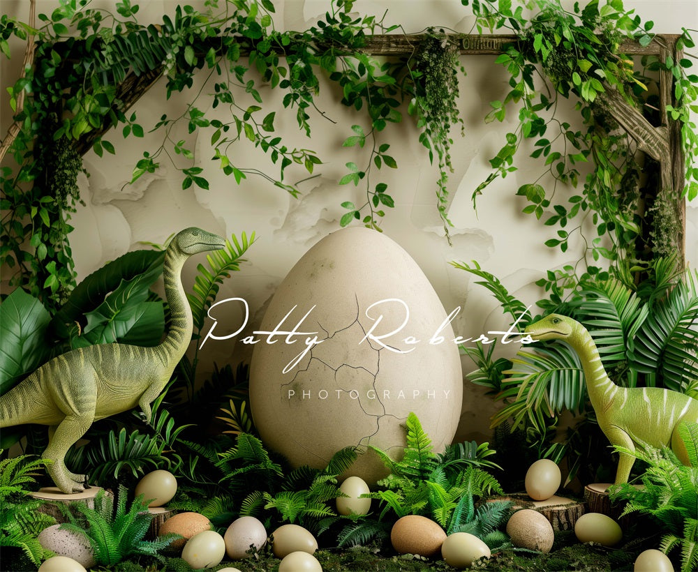 Kate Vintage Green Plant Dinosaur Hatching Eggs Brown Wooden Frame White Wall Backdrop Designed by Patty Robert