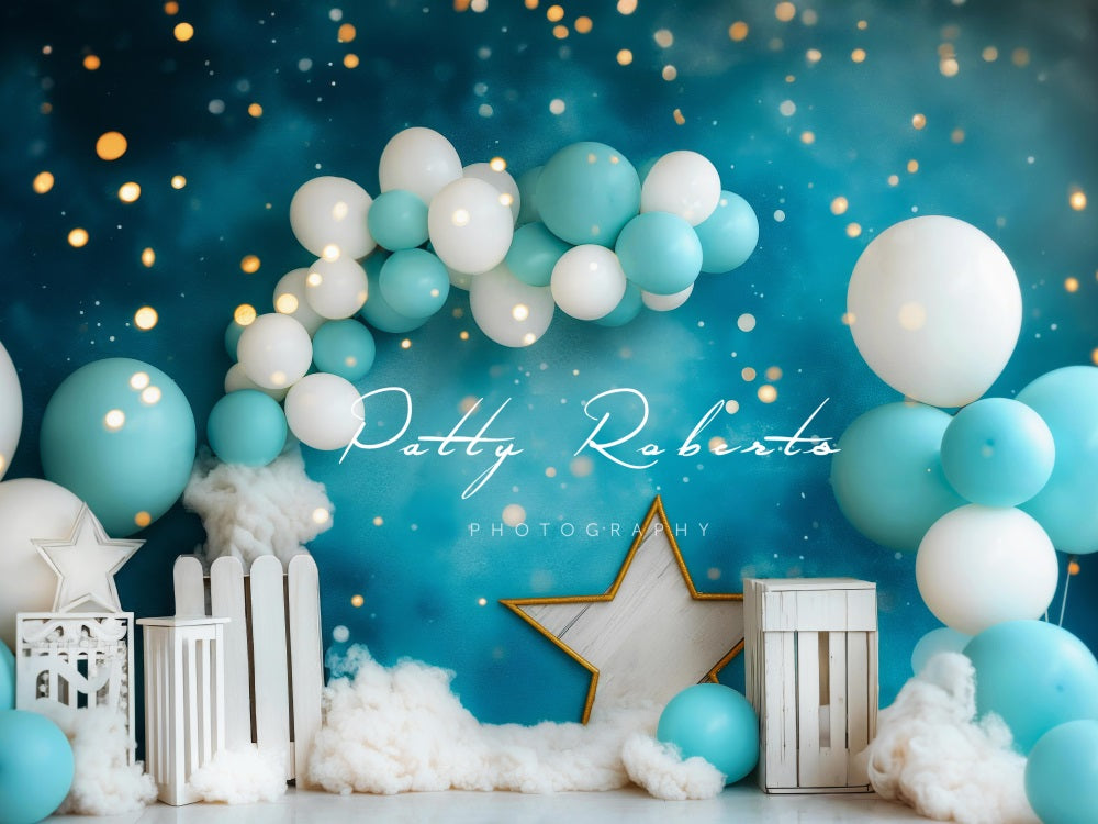 Kate Cake Smash Blue White Balloon Star Light Birthday Backdrop Designed by Patty Robert