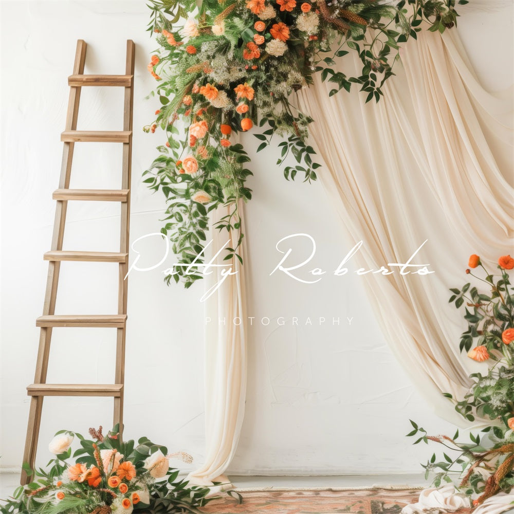 Kate Spring Green Plant Orange Flower Wooden Ladder Beige Curtain White Wall Backdrop Designed by Patty Robert