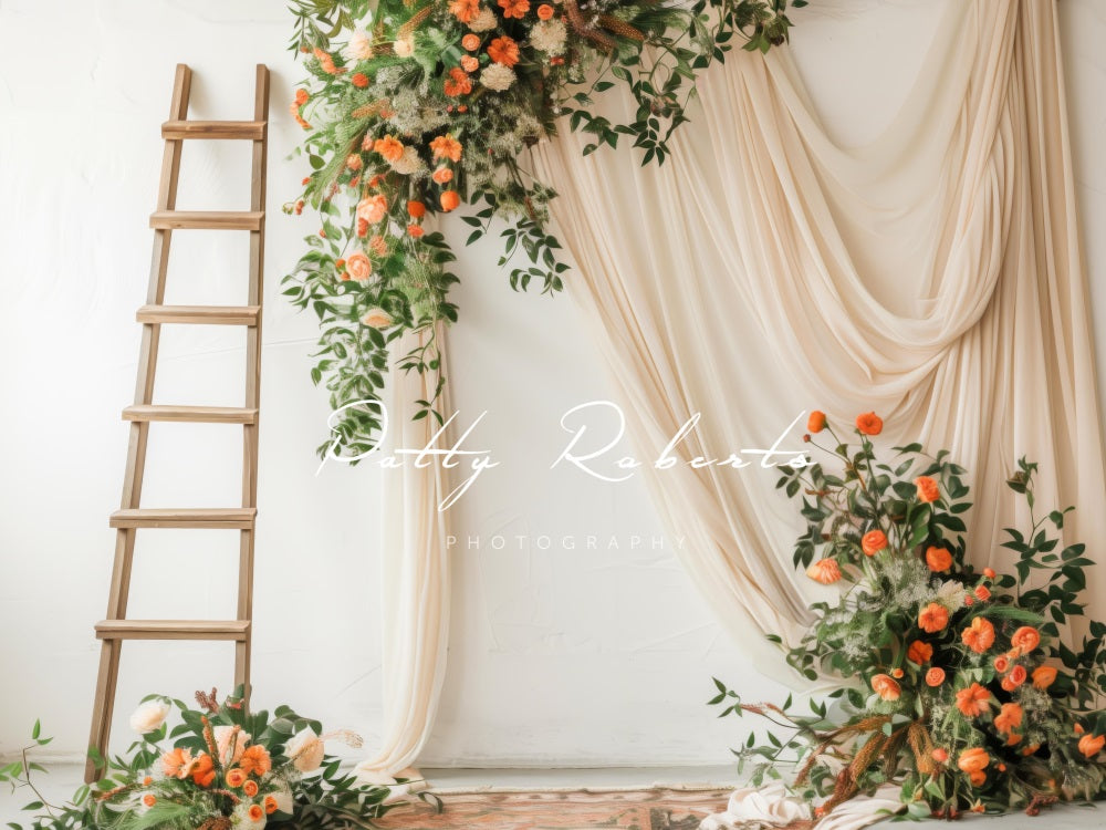 Kate Spring Green Plant Orange Flower Wooden Ladder Beige Curtain White Wall Backdrop Designed by Patty Robert