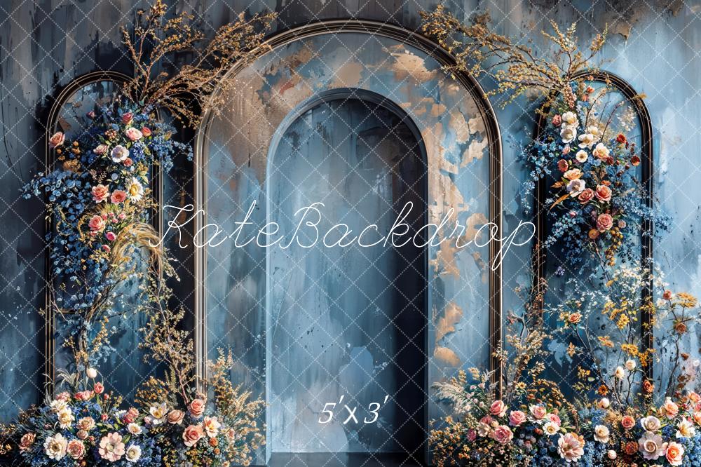 Kate Summer Colorful Flower Dark Blue Vintage Arched Wall Backdrop Designed by Emetselch