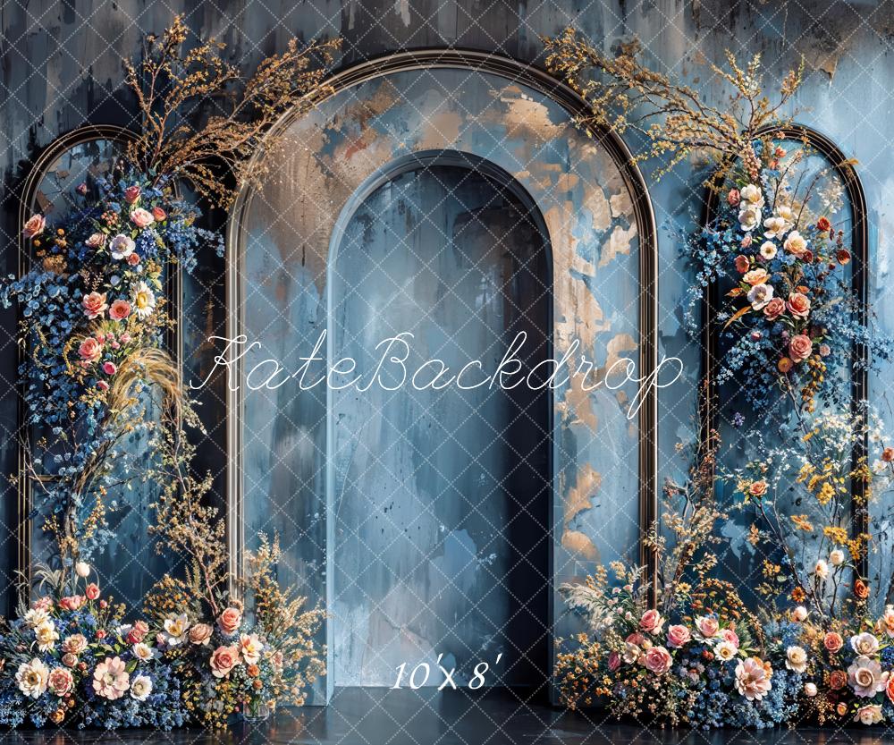 Kate Summer Colorful Flower Dark Blue Vintage Arched Wall Backdrop Designed by Emetselch