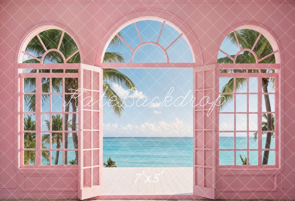 Kate Summer Sea Beach Green Tree Blue Sky White Cloud Pink Arched Window and Door Backdrop Designed by Emetselch
