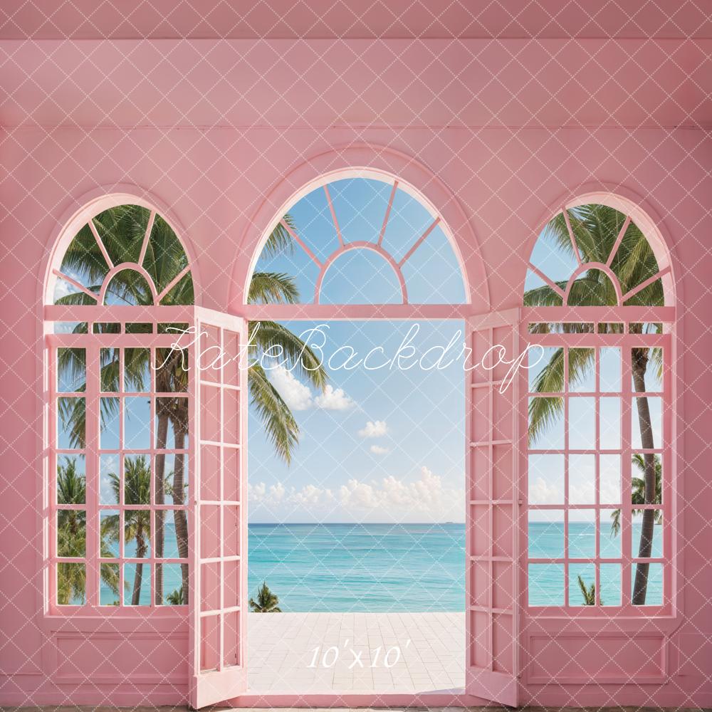 Kate Summer Sea Beach Green Tree Blue Sky White Cloud Pink Arched Window and Door Backdrop Designed by Emetselch