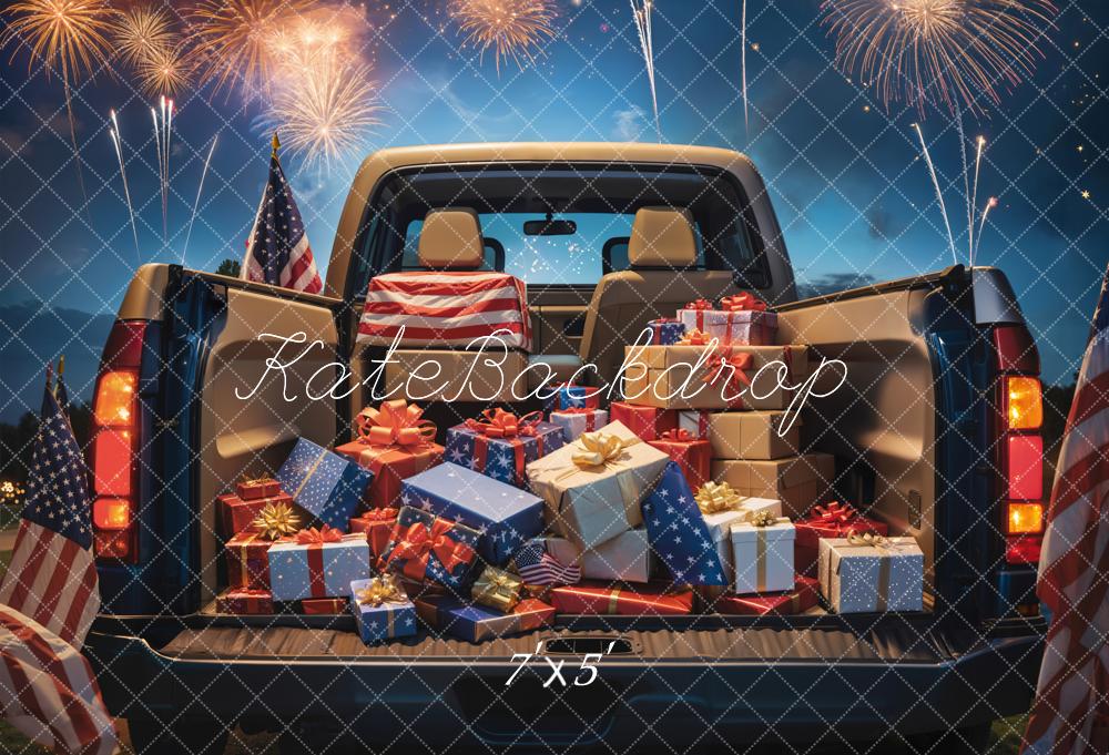 Kate Independence Day Night Firework Flag Gift Brown Truck Backdrop Designed by Emetselch