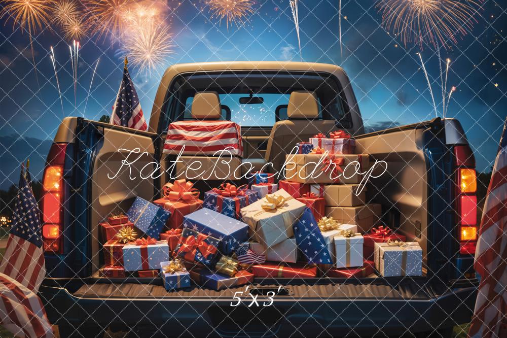 Kate Independence Day Night Firework Flag Gift Brown Truck Backdrop Designed by Emetselch