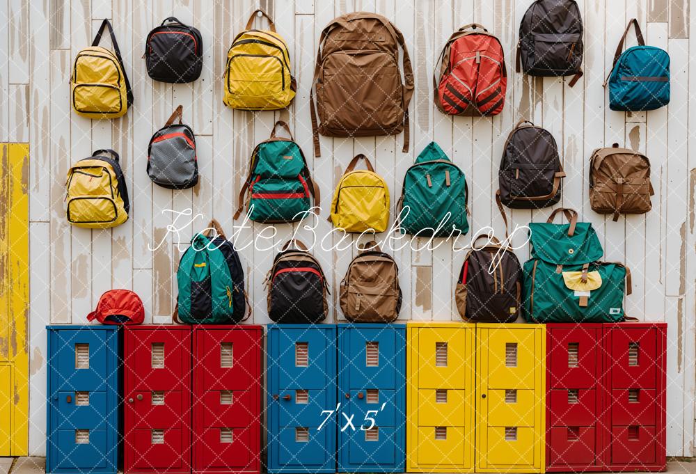 Kate Back to School Colorful Locker Bag Light Brown Striped Wooden Wall Backdrop Designed by Emetselch