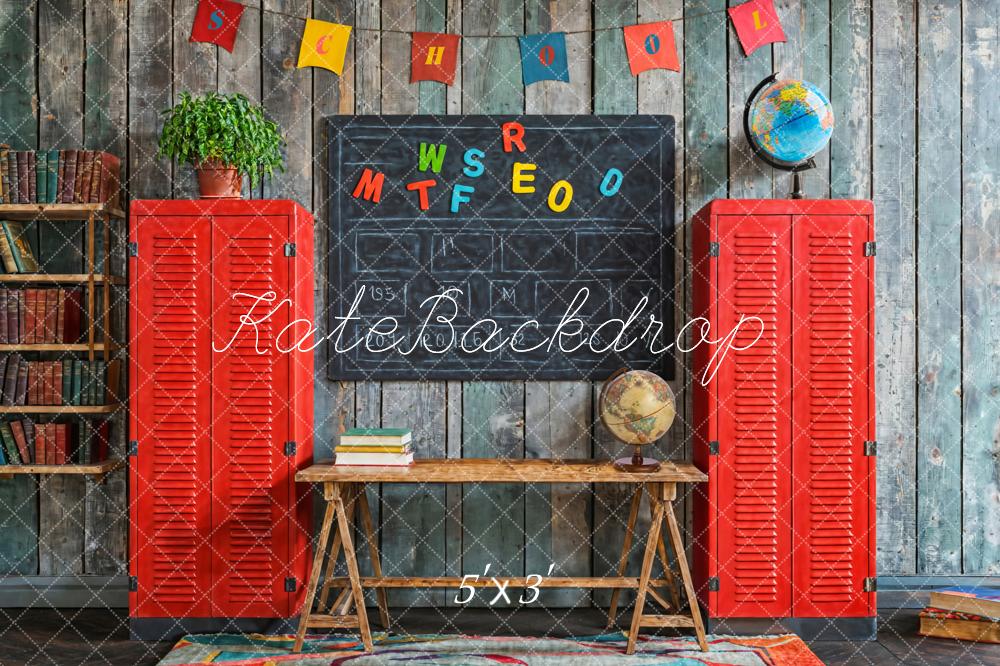 Kate Back to School Colorful Rug Book Green Plant Red Locker Globe Blackboard Brown Striped Wooden Wall Backdrop Designed by Emetselch