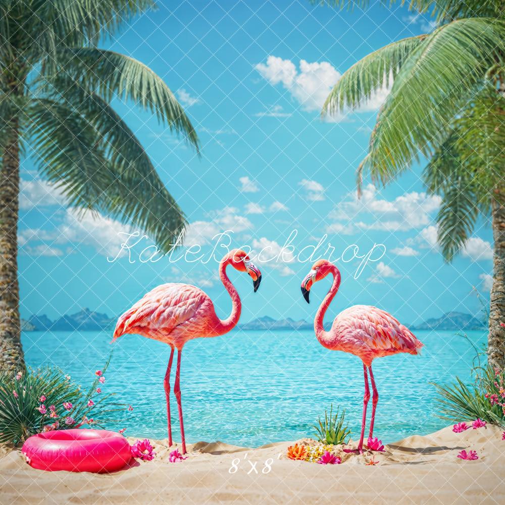 Kate Summer Tropical Seaside Blue Sky White Cloud Beach Green Tree Red Flower Pink Flamingo Backdrop Designed by Chain Photography