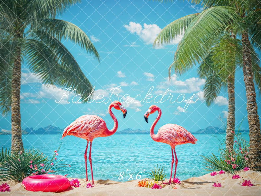 Kate Summer Tropical Seaside Blue Sky White Cloud Beach Green Tree Red Flower Pink Flamingo Backdrop Designed by Chain Photography