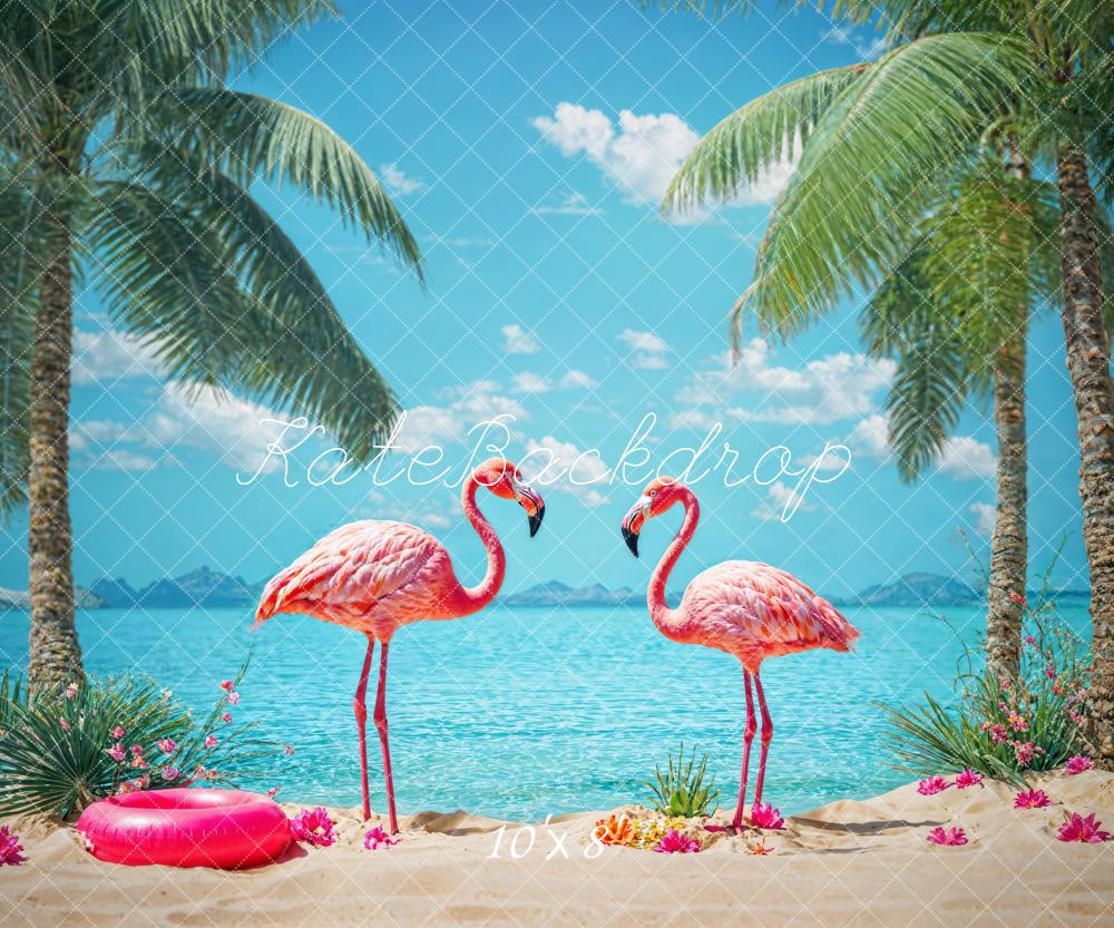 Kate Summer Tropical Seaside Blue Sky White Cloud Beach Green Tree Red Flower Pink Flamingo Backdrop Designed by Chain Photography