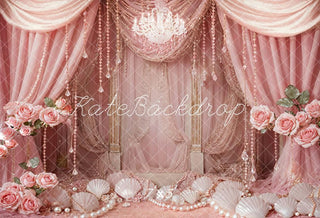 Kate Pink Rose Retro Crystal Mermaid Shell Pearl Soft Curtain Printed Backdrop Designed by Emetselch