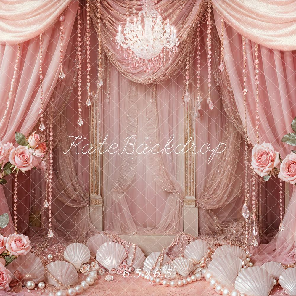 Kate Pink Rose Retro Crystal Mermaid Shell Pearl Soft Curtain Backdrop Designed by Emetselch