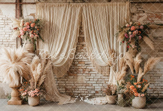 Kate Boho Reed Beige Curtain Brick Wall Printed Backdrop Designed by Emetselch