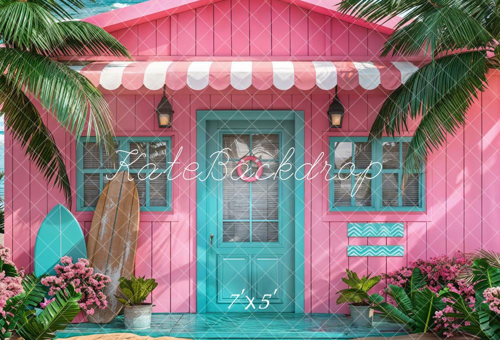 Kate Summer Sea Green Tree Wooden Door Window Flower Surfboard Pink White Beach House Backdrop Designed by Chain Photography