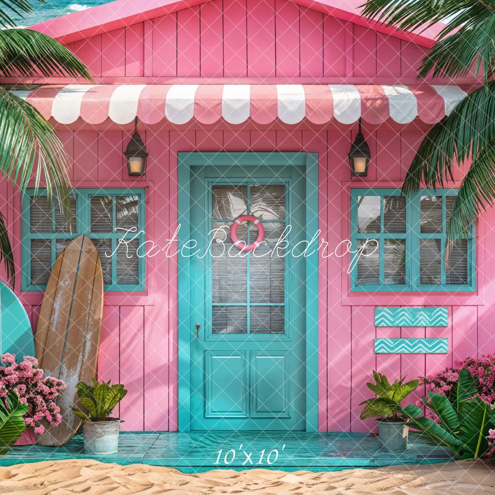 Kate Summer Sea Green Tree Wooden Door Window Flower Surfboard Pink White Beach House Backdrop Designed by Chain Photography