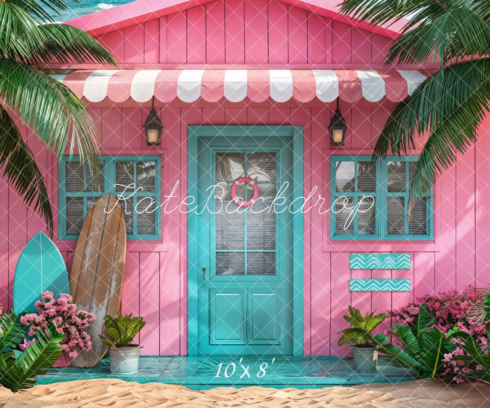 Kate Summer Sea Green Tree Wooden Door Window Flower Surfboard Pink White Beach House Backdrop Designed by Chain Photography