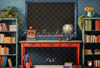 Kate Back to School Green Plant Yellow Sunflower Book Apple Globe Blackboard Printed Backdrop Designed by Emetselch