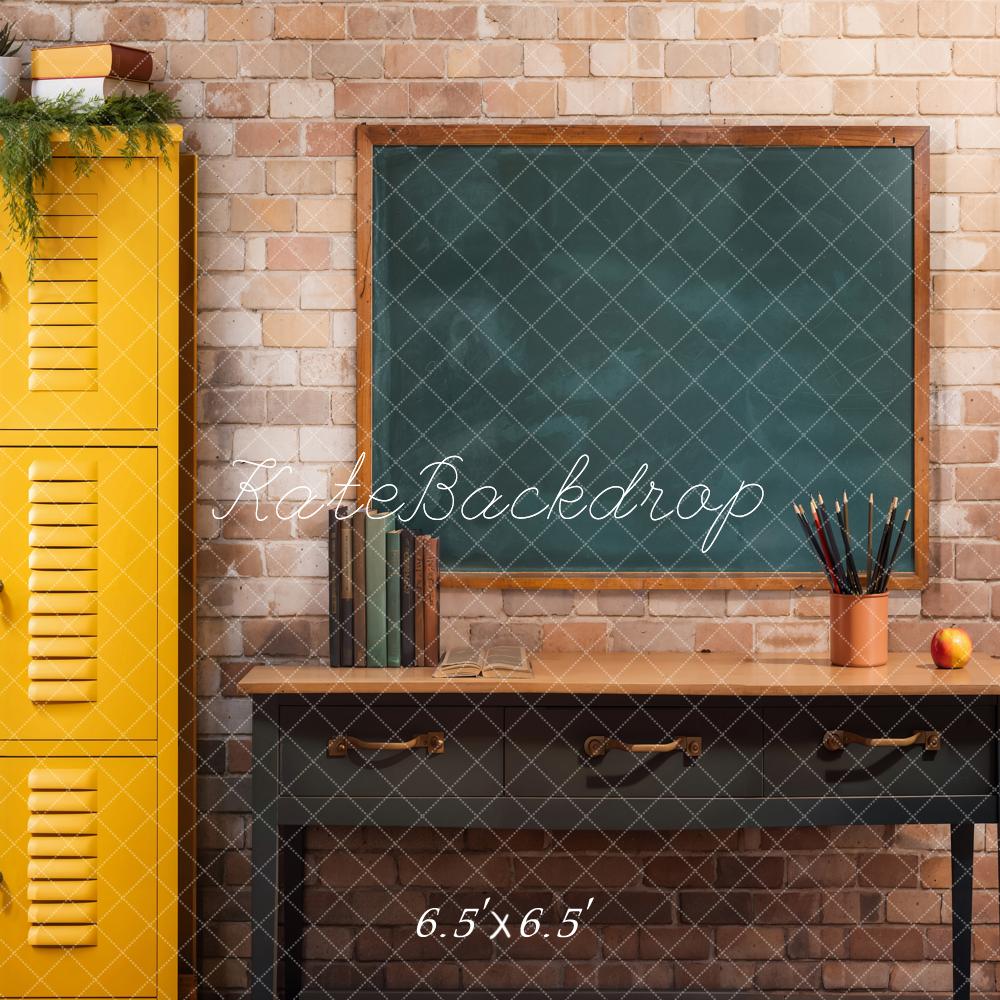 Kate Back to School Yellow Locker Green Plant Book Pencil Apple Brown Desk Blackboard Brick Wall Backdrop Designed by Emetselch