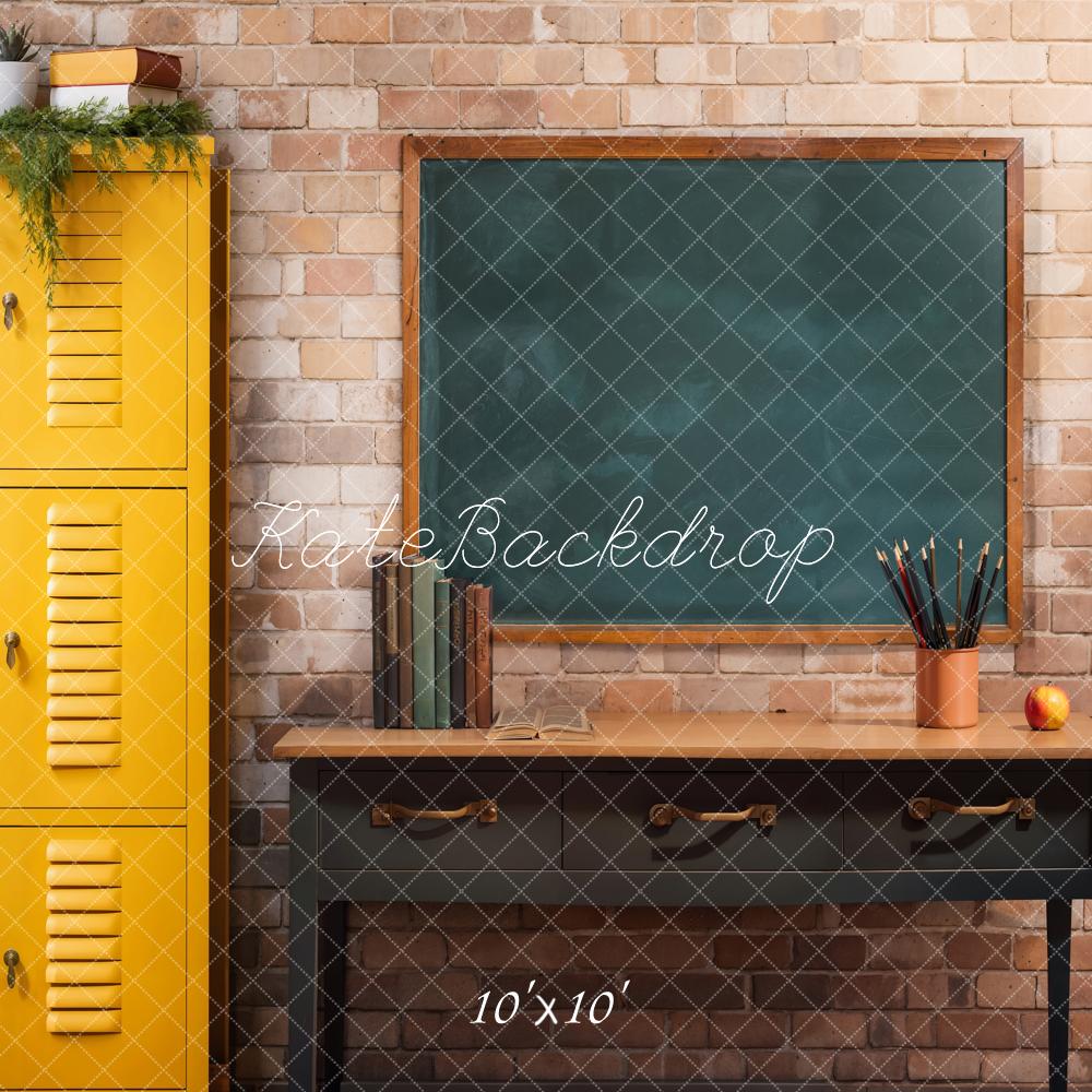 Kate Back to School Yellow Locker Green Plant Book Pencil Apple Brown Desk Blackboard Brick Wall Backdrop Designed by Emetselch