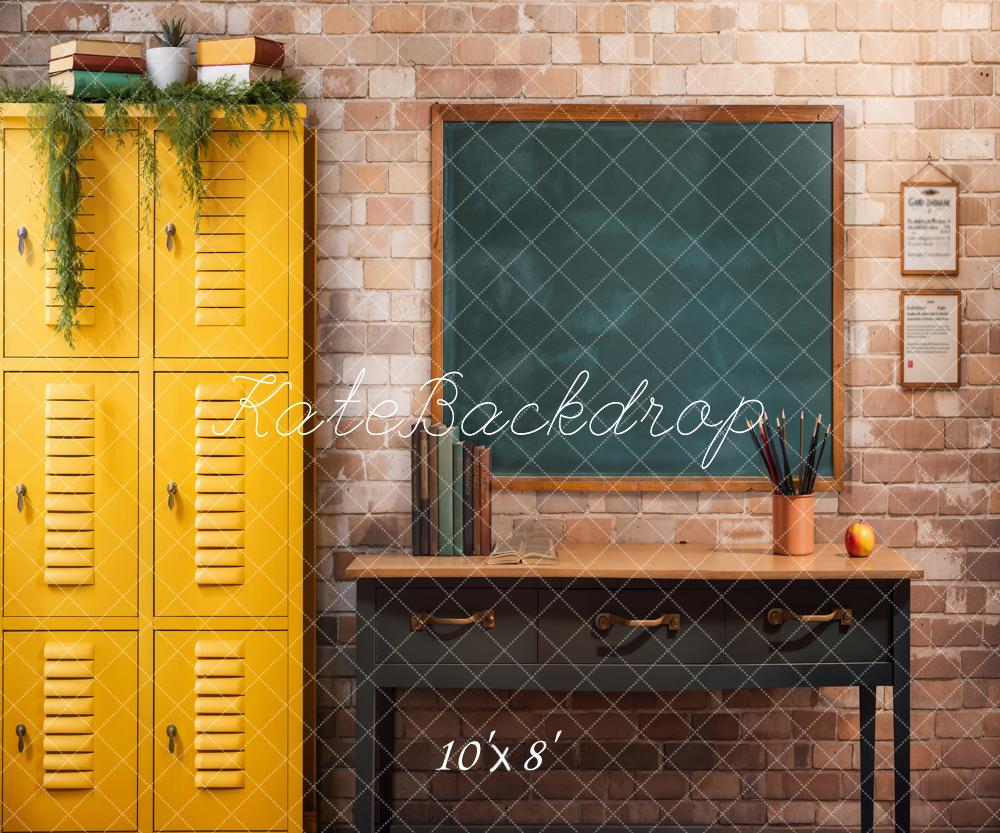 Kate Back to School Yellow Locker Green Plant Book Pencil Apple Brown Desk Blackboard Brick Wall Backdrop Designed by Emetselch