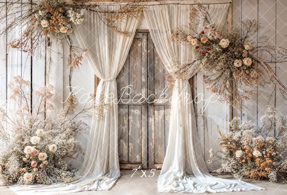 Kate Summer White Floral Curtain Wall Dark Brown Wooden Striped Door Backdrop Designed by Emetselch