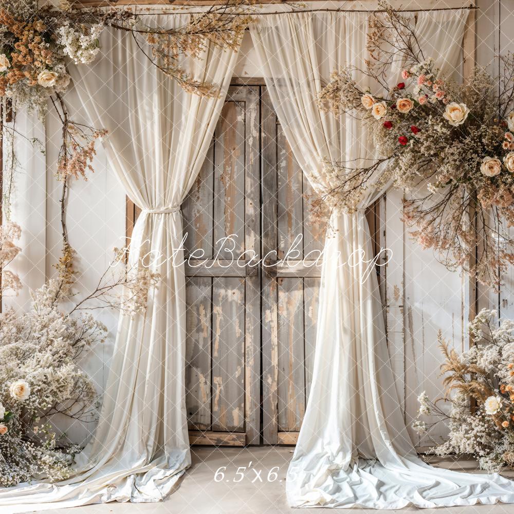 Kate Summer White Floral Curtain Wall Dark Brown Wooden Striped Door Backdrop Designed by Emetselch