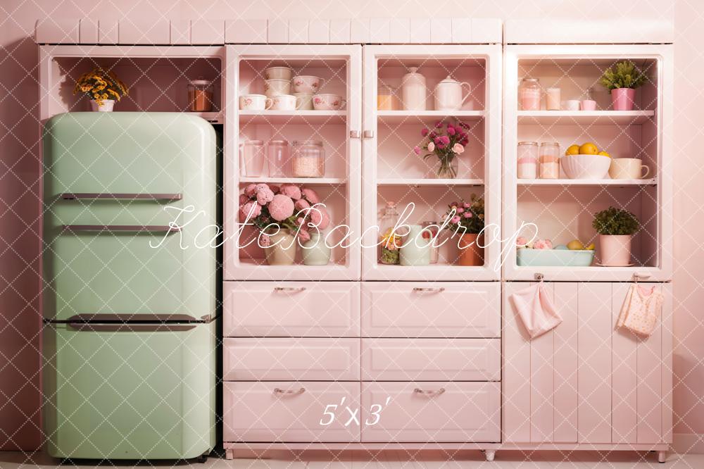 Kate Fantasy Green Refrigerator Pink Cabinet Modern Kitchen Backdrop Designed by Emetselch