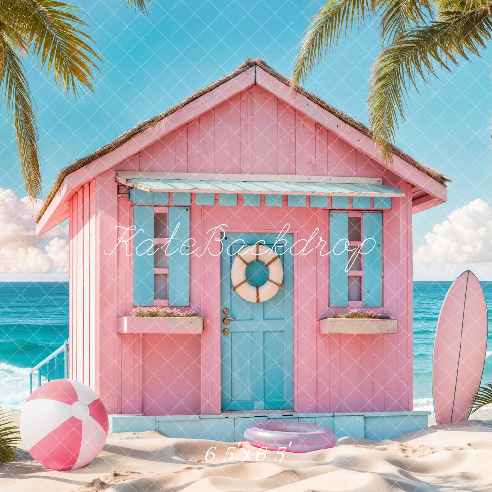Kate Summer Blue Sky White Cloud Sea Beach Green Tree Surfboard Ball Pink House Backdrop Designed by Chain Photography