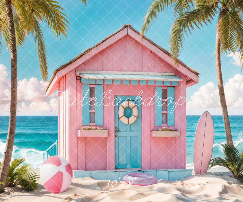 Kate Summer Blue Sky White Cloud Sea Beach Green Tree Surfboard Ball Pink House Backdrop Designed by Chain Photography
