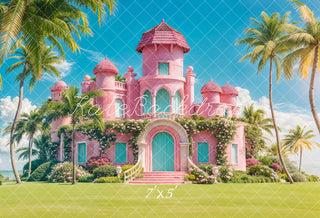 Kate Summer Sea Blue Sky White Cloud Green Plant Pink Retro Floral Castle Printed Backdrop Designed by Chain Photography