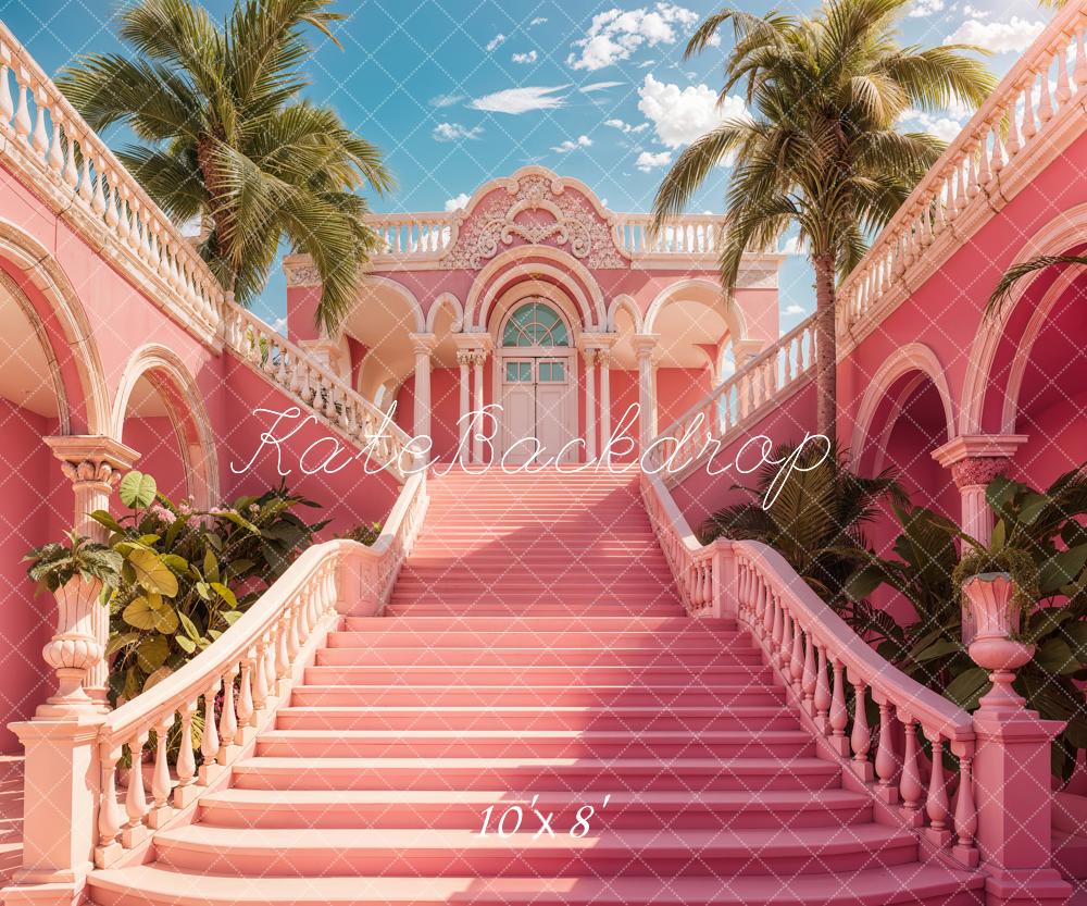 Kate Summer Blue Sky White Cloud Green Plant Pink Outdoor Vintage Floral Castle Staircase Backdrop Designed by Chain Photography