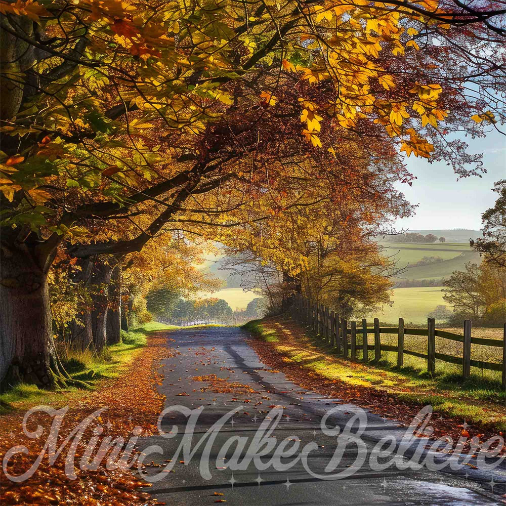 Kate Autumn Reddish Brown Maple Leaf Forest Farm Black Field Path Backdrop Designed by Mini MakeBelieve