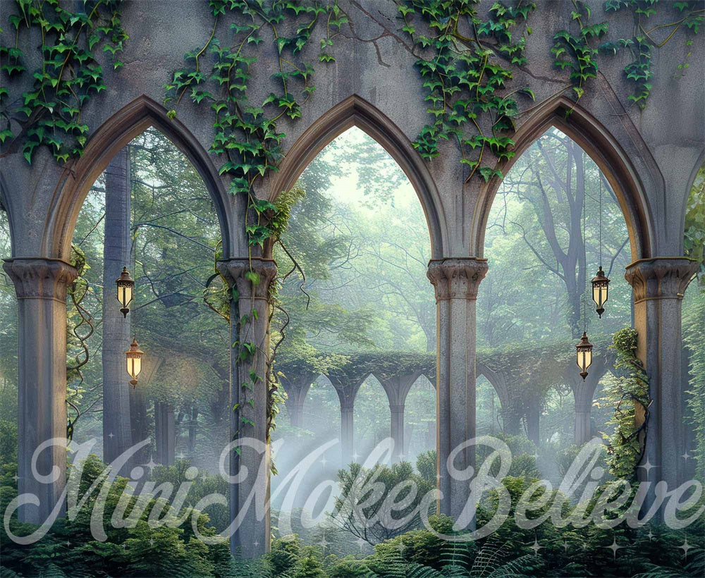 Kate Spring Forest Green Plant Dark Grey Vintage Arch Printed Backdrop Designed by Mini MakeBelieve