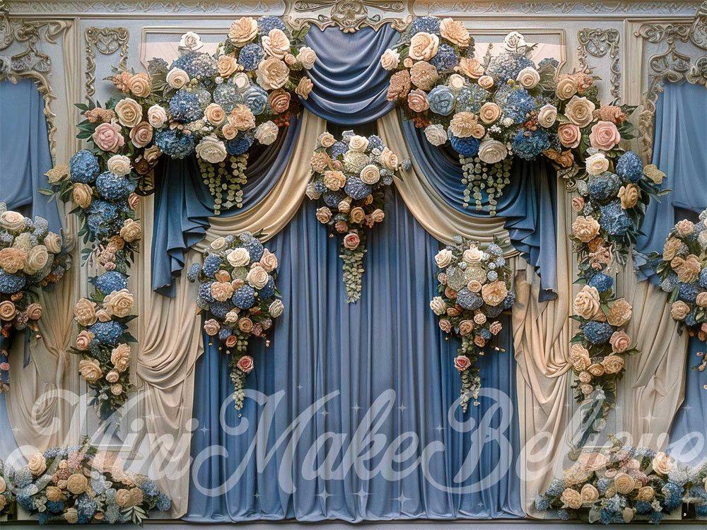 Kate Fine Art Colorful Flower Beige Blue Curtain Retro Floral Wall Backdrop Designed by Mini MakeBelieve
