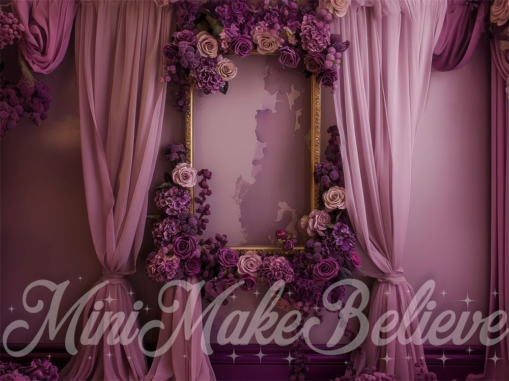 Kate Fine Art Purple Floral Curtain Gold Frame Wall Backdrop Designed by Mini MakeBelieve