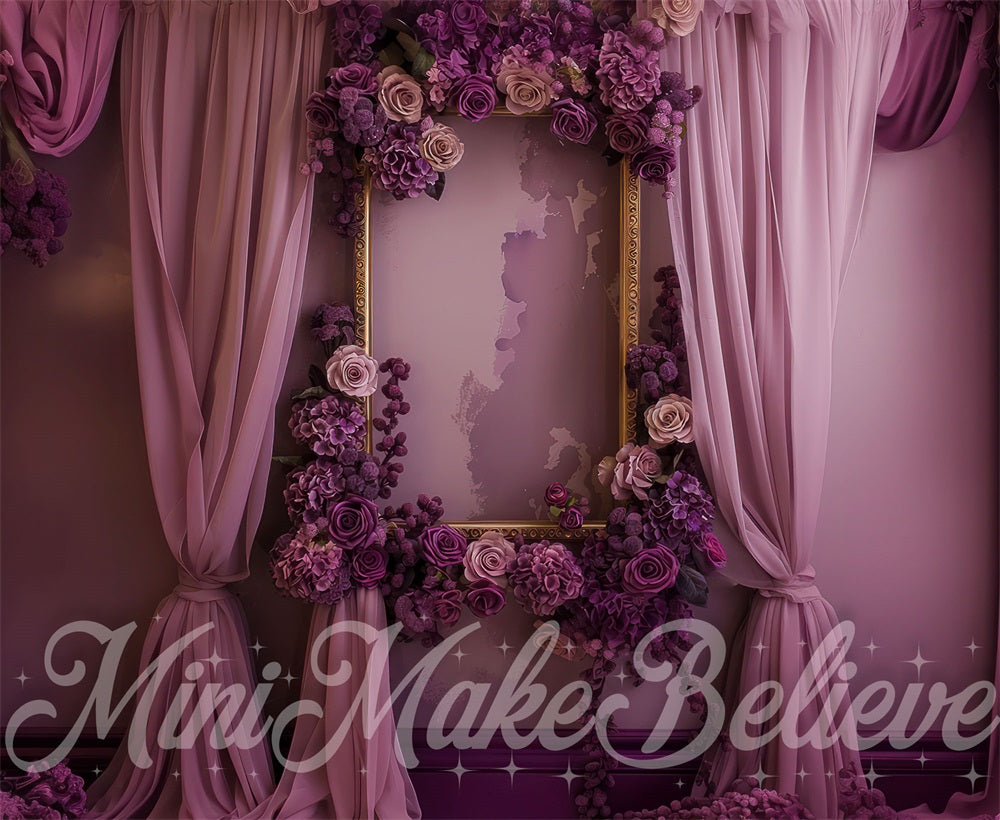 Kate Fine Art Purple Floral Curtain Gold Frame Wall Backdrop Designed by Mini MakeBelieve
