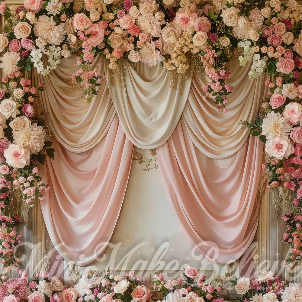 Kate Fine Art Pink White Floral Gradient Curtain Backdrop Designed by Mini MakeBelieve