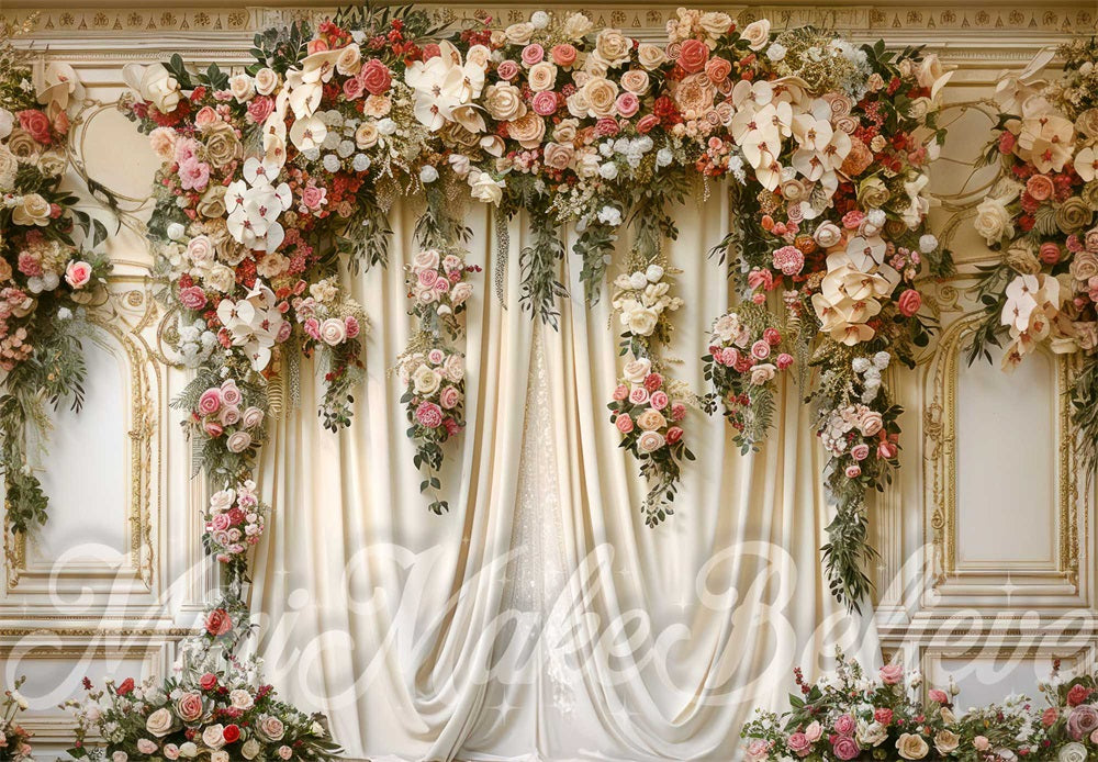 Kate Fine Art Colorful Flower White Ornate Curtain Vintage Arched Wall Backdrop Designed by Mini MakeBelieve
