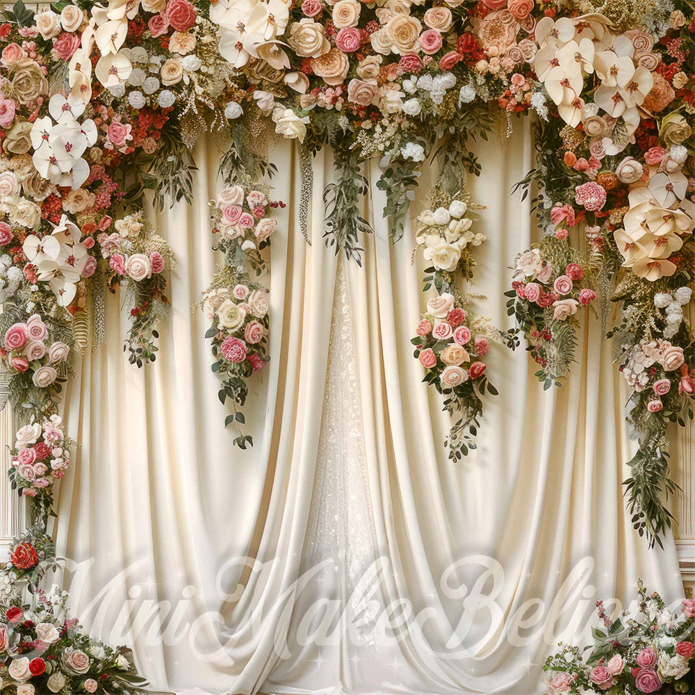 Kate Fine Art Colorful Flower White Ornate Curtain Vintage Arched Wall Backdrop Designed by Mini MakeBelieve