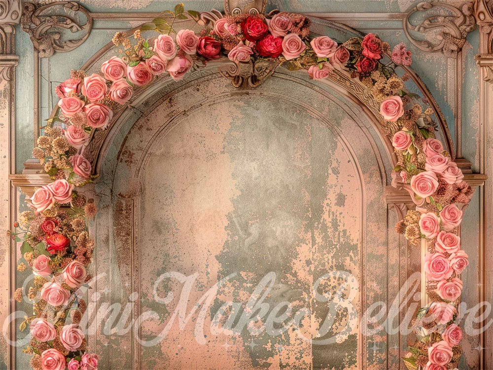 Kate Retro Fine Art Pink Rose Floral Arch Stone Wall Backdrop Designed by Mini MakeBelieve