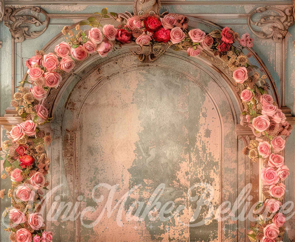 Kate Retro Fine Art Pink Rose Floral Arch Stone Wall Backdrop Designed by Mini MakeBelieve