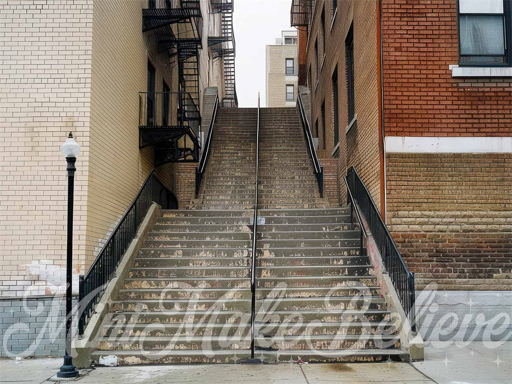 Kate Modern Urban Brick Wall Street Light Staircase Backdrop Designed by Mini MakeBelieve
