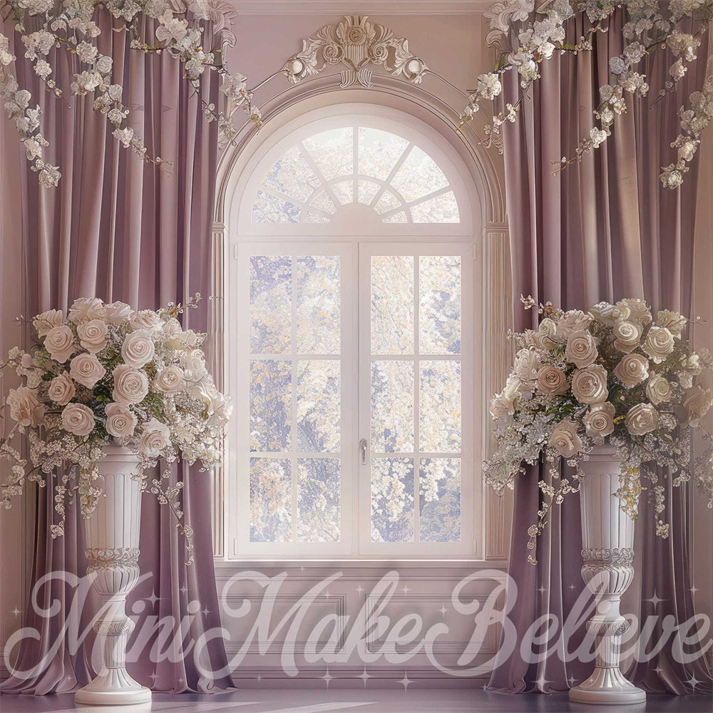 Kate Spring Indoor Wedding White Flower Purple Ornate Curtain Arched Window Backdrop Designed by Mini MakeBelieve