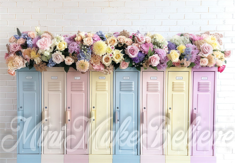 Terug naar school Kleurrijk Bloemenslot Witte Bakstenen Muur Foto Achtergrond Ontworpen door Mini MakeBelieve