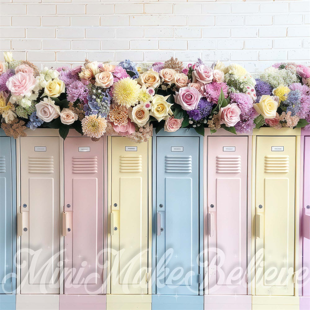 Kate Back to School Colorful Flower Locker White Brick Wall Backdrop Designed by Mini MakeBelieve