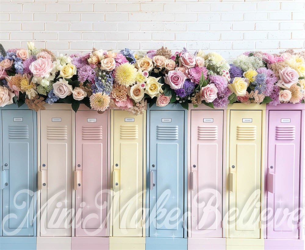 Kate Back to School Colorful Flower Locker White Brick Wall Backdrop Designed by Mini MakeBelieve