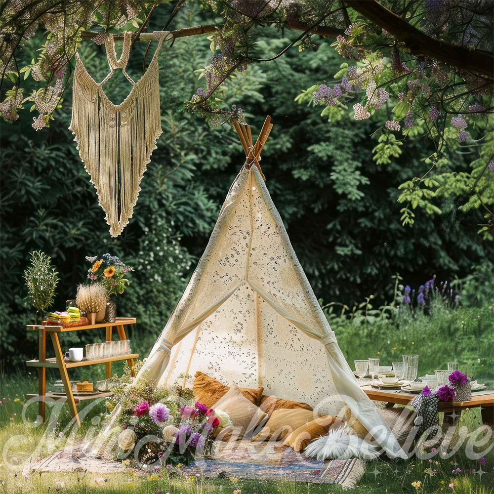 Kate Spring Outdoor Boho Green Plant Colorful Flower Picnic Tent Backdrop Designed by Mini MakeBelieve